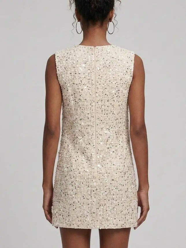 Pearl Trim Sequin Tweed Shift Mini Dress - Dresses