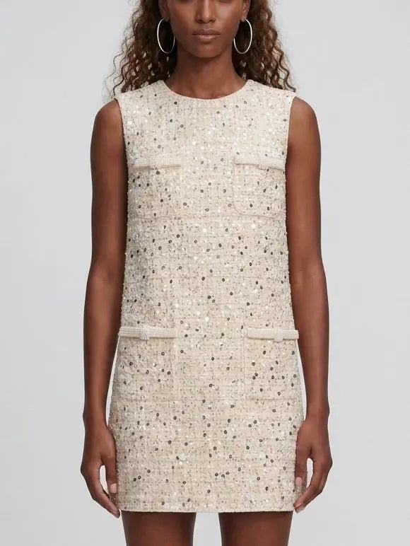 Pearl Trim Sequin Tweed Shift Mini Dress - Dresses