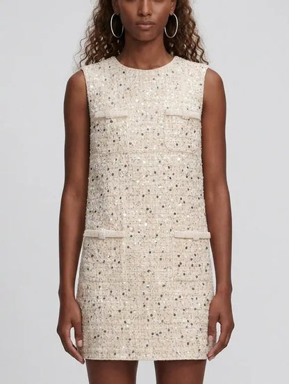 Pearl Trim Sequin Tweed Shift Mini Dress - Dresses