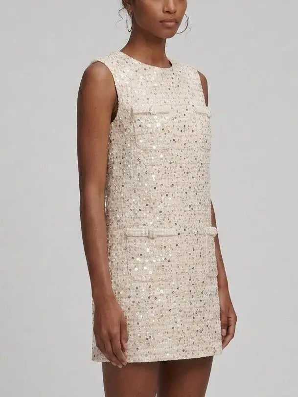 Pearl Trim Sequin Tweed Shift Mini Dress - Dresses