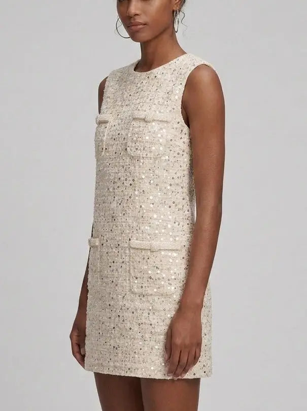 Pearl Trim Sequin Tweed Shift Mini Dress - Dresses