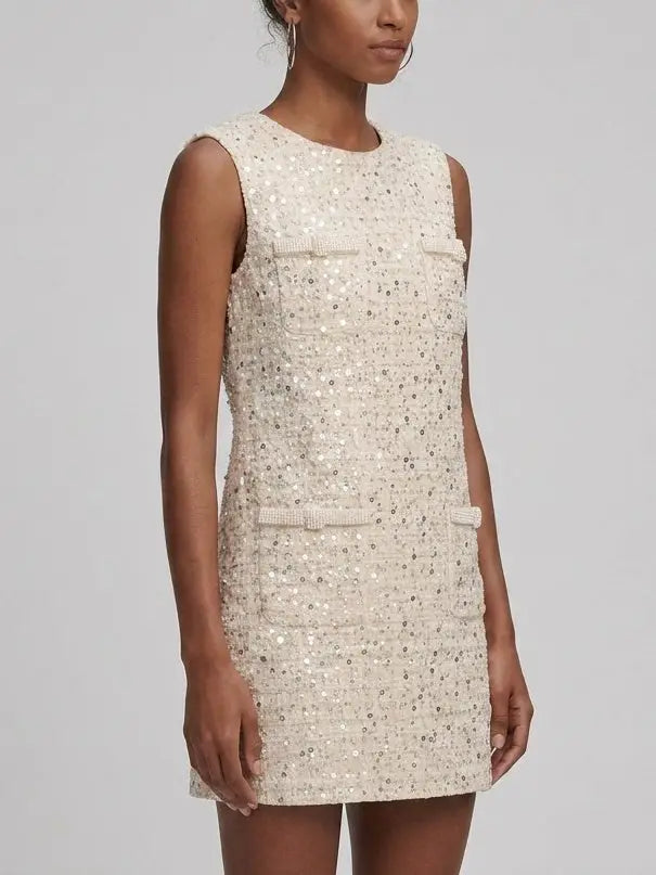 Pearl Trim Sequin Tweed Shift Mini Dress - Dresses