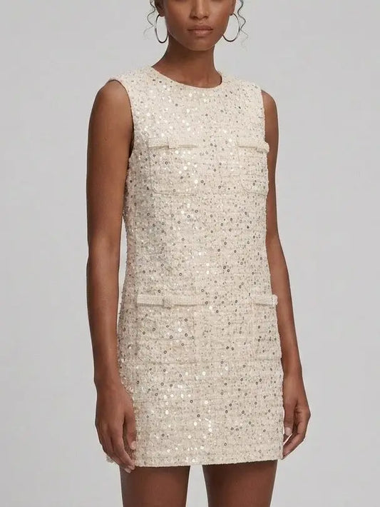 Pearl Trim Sequin Tweed Shift Mini Dress - Dresses
