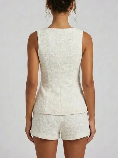 Pearl Trim Tweed Top and Shorts Set - Suits & Sets