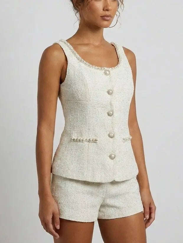 Pearl Trim Tweed Top and Shorts Set - Suits & Sets