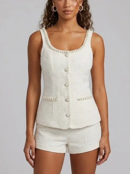 Pearl Trim Tweed Top and Shorts Set - Suits & Sets