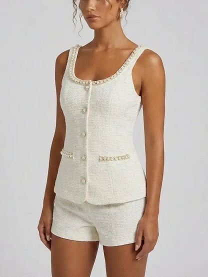Pearl Trim Tweed Top and Shorts Set - Suits & Sets