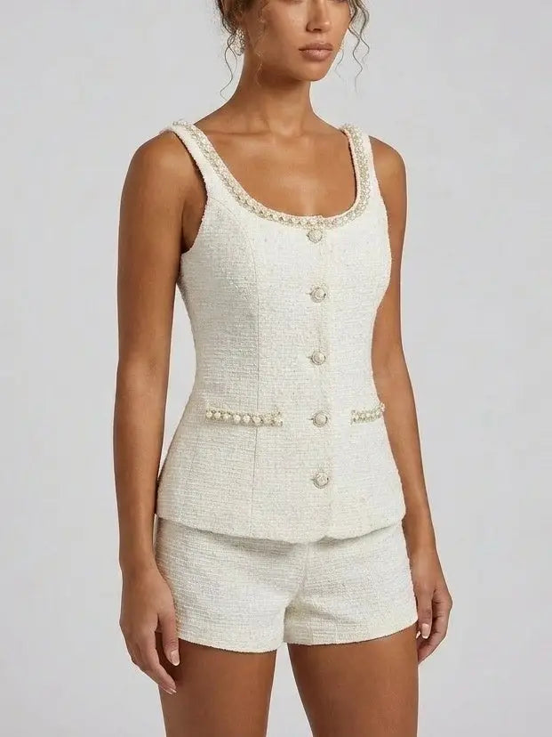 Pearl Trim Tweed Top and Shorts Set - Suits & Sets