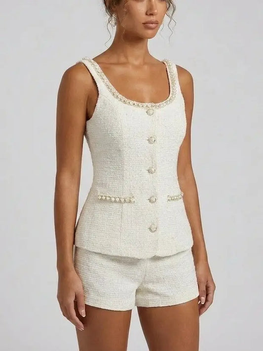 Pearl Trim Tweed Top and Shorts Set - Suits & Sets