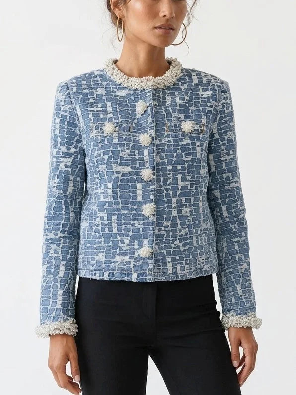 Pearl Trimmed Textured Denim Jacket with Geometric Pattern - Jackets