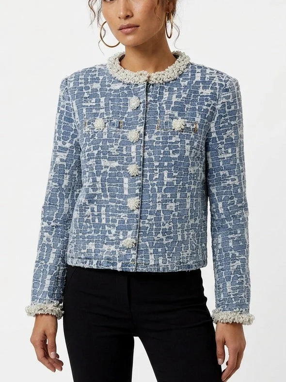 Pearl Trimmed Textured Denim Jacket with Geometric Pattern - Jackets
