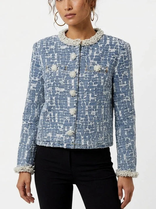 Pearl Trimmed Textured Denim Jacket with Geometric Pattern - Jackets