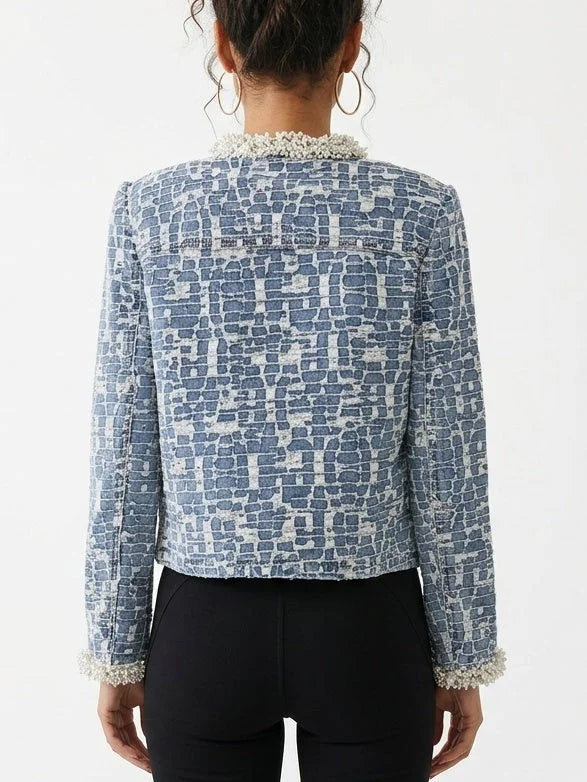 Pearl Trimmed Textured Denim Jacket with Geometric Pattern - Jackets