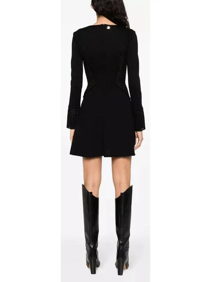 Perforated-Detailing V-Neck Dress, Black - Branna Couture