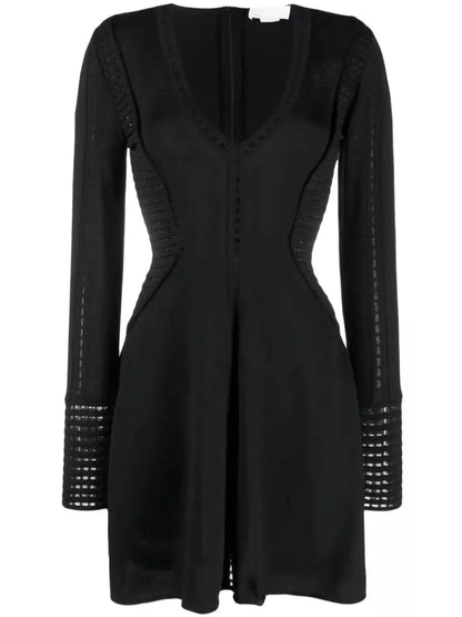 Perforated-Detailing V-Neck Dress, Black - Branna Couture