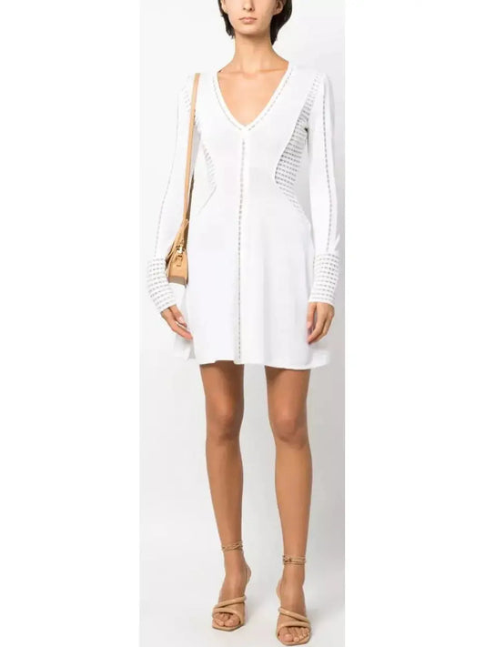 Perforated-Detailing V-Neck Dress, White - Branna Couture