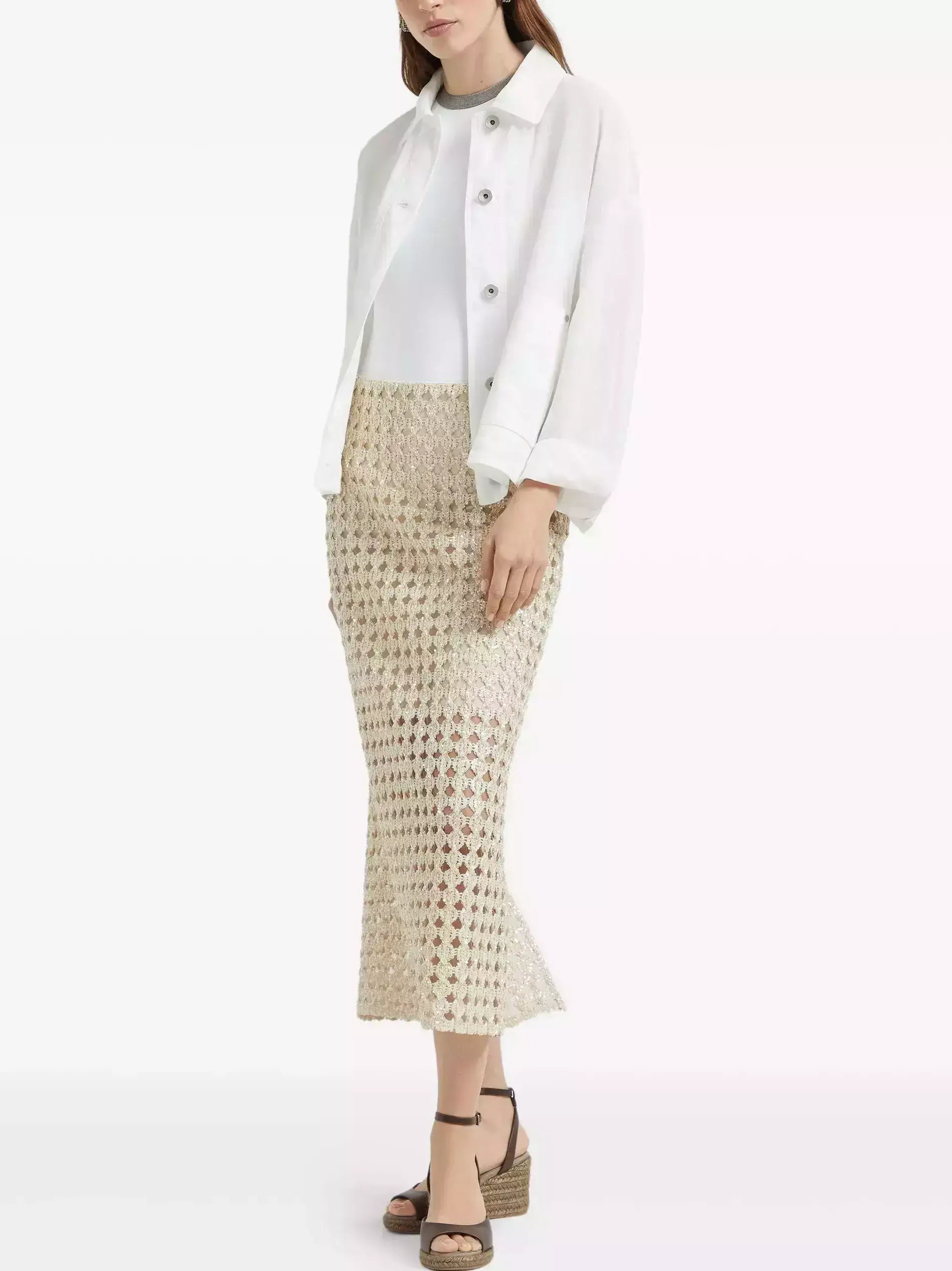 Perforated Wool Midi Skirt with Sequin Details - Skirts