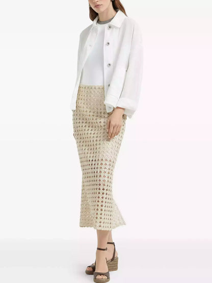 Perforated Wool Midi Skirt with Sequin Details - Skirts
