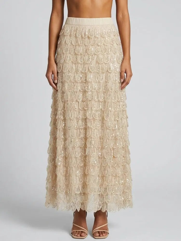 Petal Appliqué Beaded Sequin Maxi Skirt - S - Skirts
