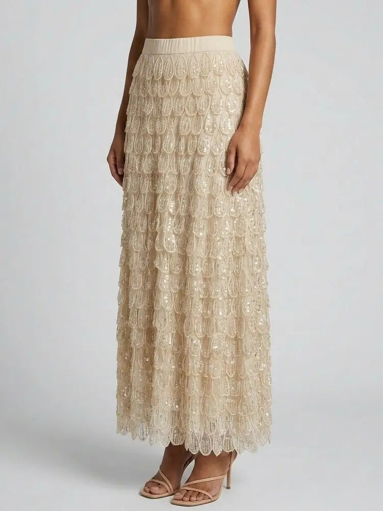 Petal Appliqué Beaded Sequin Maxi Skirt - Skirts