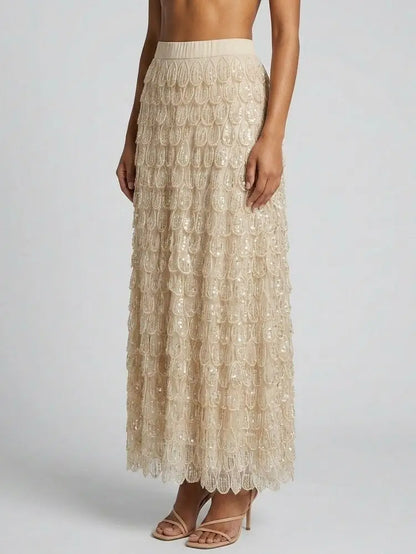 Petal Appliqué Beaded Sequin Maxi Skirt - Skirts