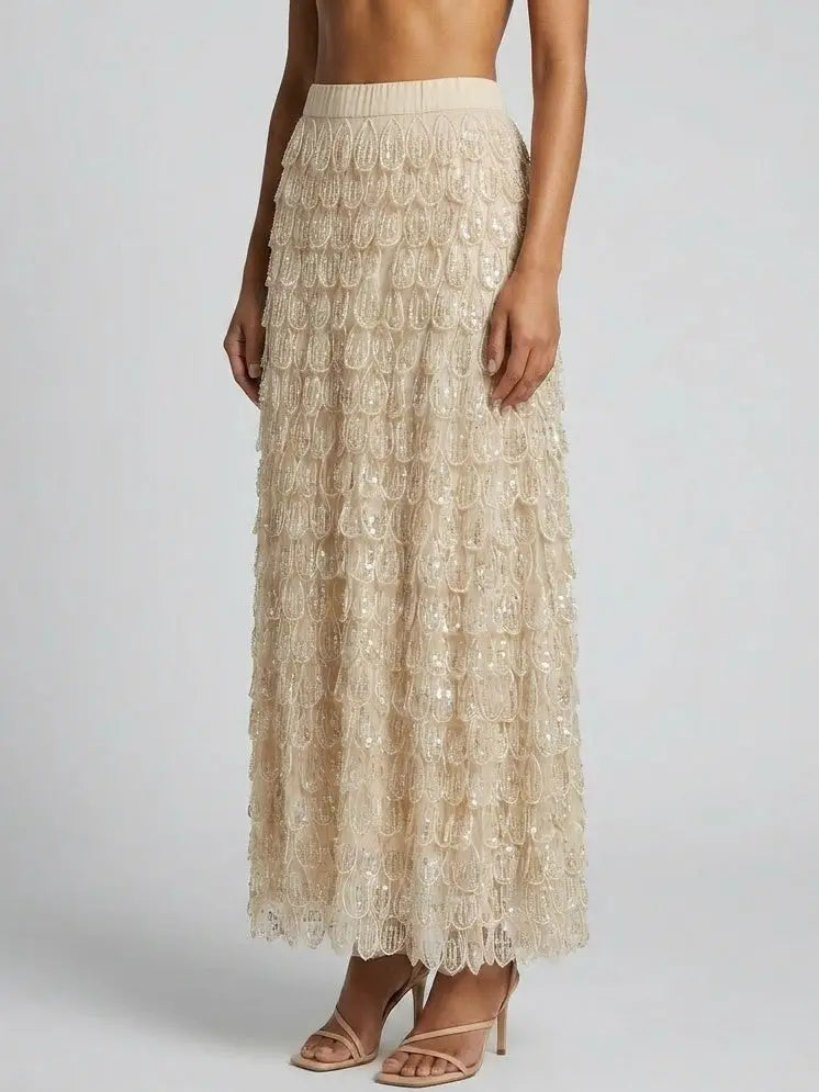 Petal Appliqué Beaded Sequin Maxi Skirt - Skirts