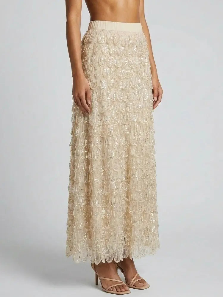 Petal Appliqué Beaded Sequin Maxi Skirt - Skirts