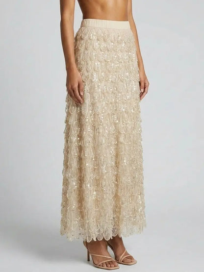 Petal Appliqué Beaded Sequin Maxi Skirt - Skirts
