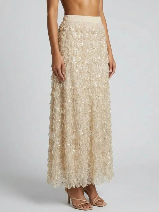 Petal Appliqué Beaded Sequin Maxi Skirt - Skirts