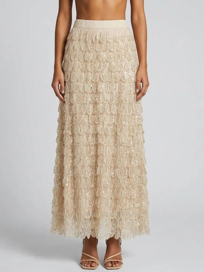 Petal Appliqué Beaded Sequin Maxi Skirt - Skirts