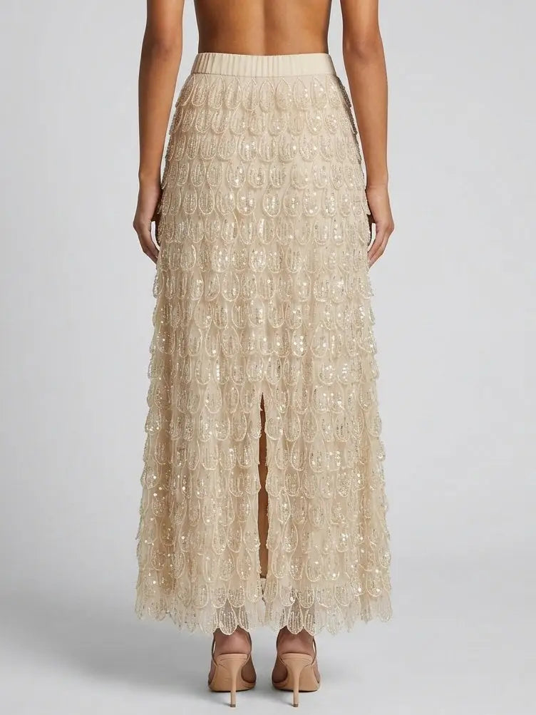 Petal Appliqué Beaded Sequin Maxi Skirt - Skirts