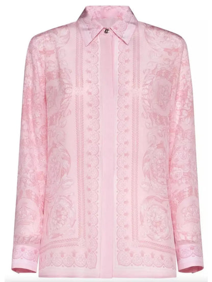 Pink Barocco Printed Silk Satin Shirt - Branna Couture