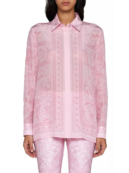 Pink Barocco Printed Silk Satin Shirt - Branna Couture