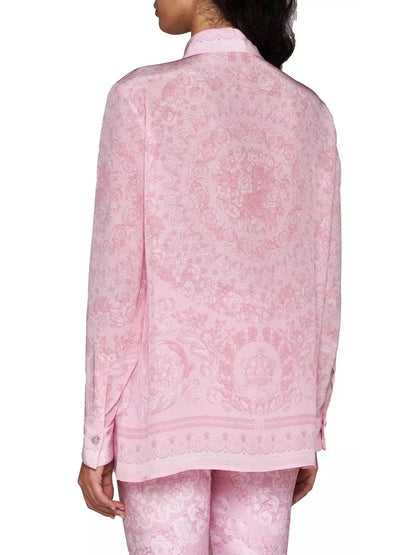 Pink Barocco Printed Silk Satin Shirt - Branna Couture