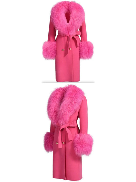 Belted Lambswool/Shearling Wool Cashmere Coat, Fuchsia/Pink - Branna Couture