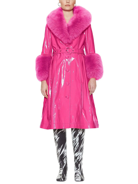 Fur-Trim Patent Leather Coat, Fuchsia/Pink - Branna Couture