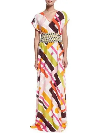 Parioli-Print Coverup Maxi Dress w/Tie, White/Pink Green - Branna Couture