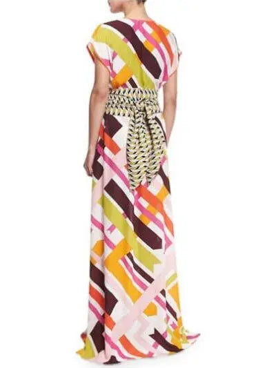 Parioli-Print Coverup Maxi Dress w/Tie, White/Pink Green - Branna Couture