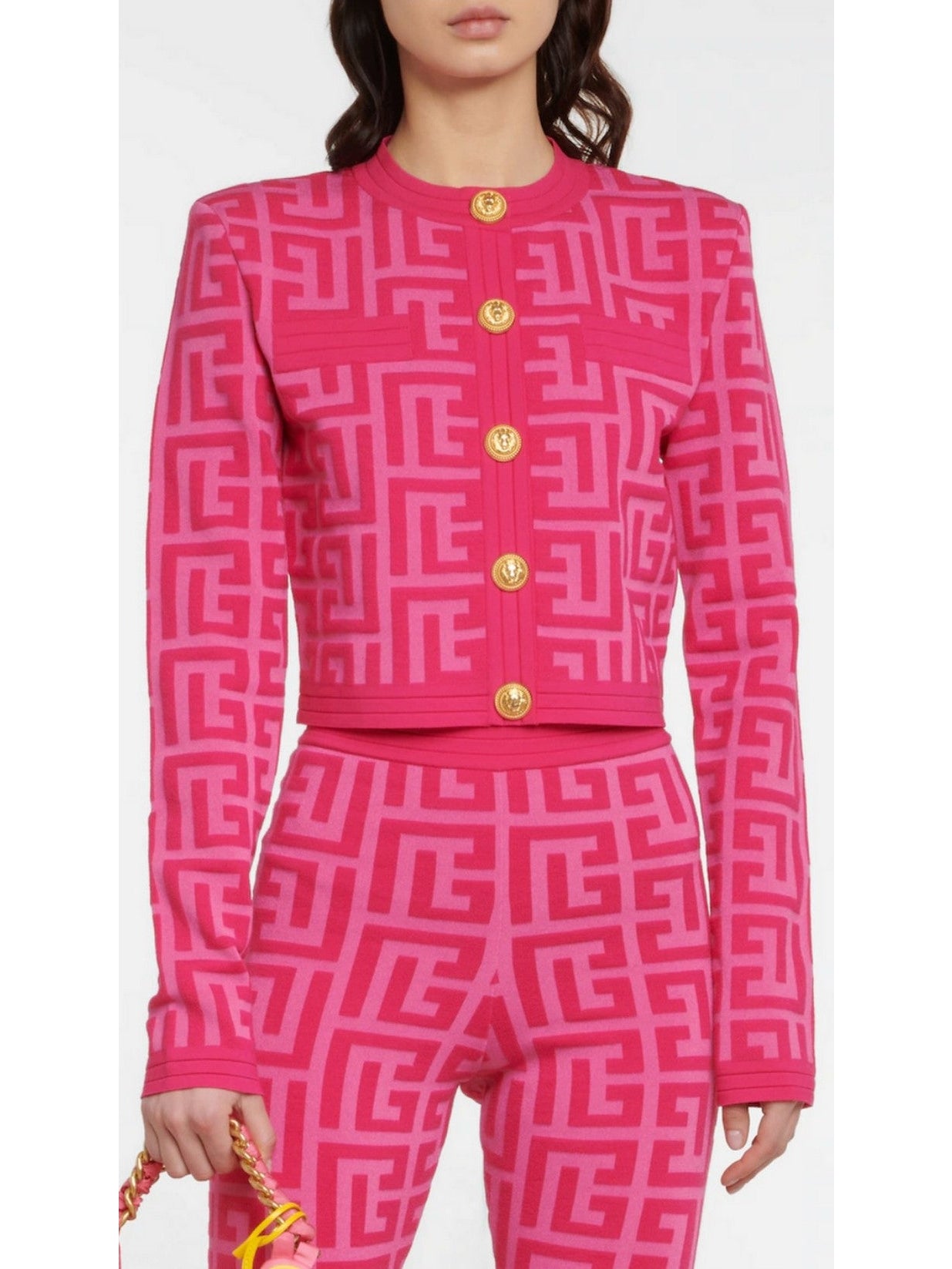 Pink Monogram Cropped Jacquard-Knit Cardigan - Branna Couture