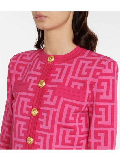 Pink Monogram Cropped Jacquard-Knit Cardigan - Branna Couture