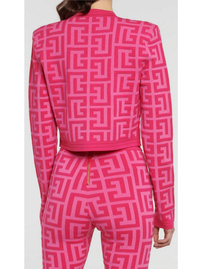 Pink Monogram Cropped Jacquard-Knit Cardigan - Branna Couture