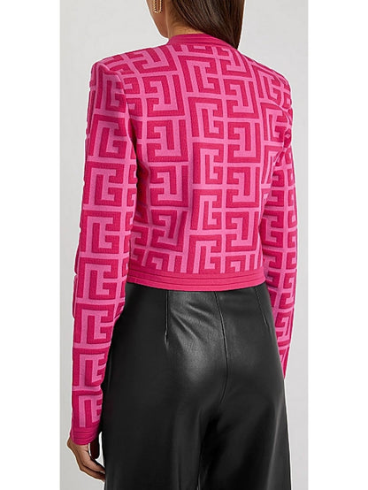 Pink Monogram Cropped Jacquard-Knit Cardigan - Branna Couture