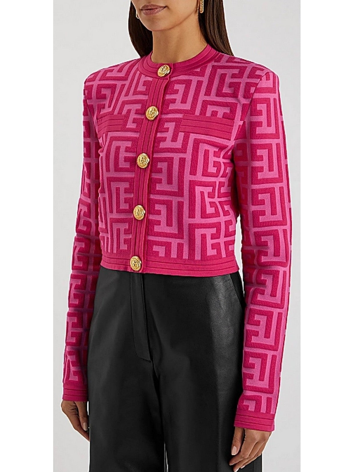 Pink Monogram Cropped Jacquard-Knit Cardigan - Branna Couture