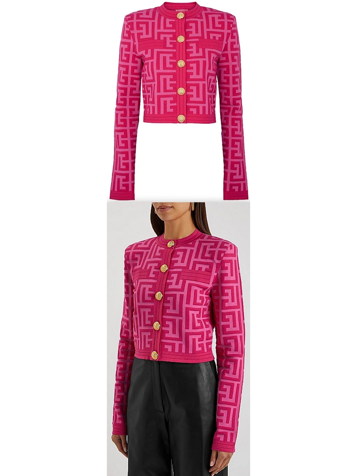 Pink Monogram Cropped Jacquard-Knit Cardigan - Branna Couture