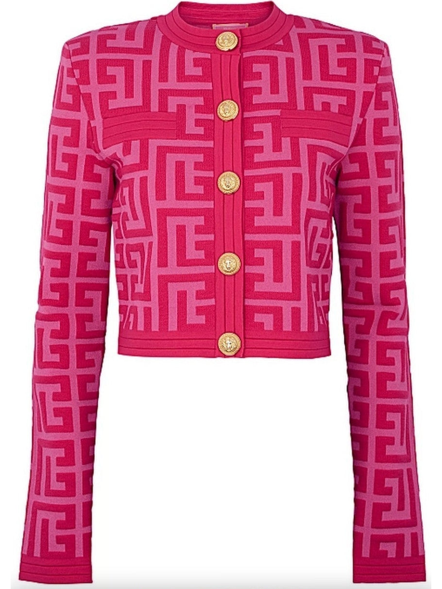 Pink Monogram Cropped Jacquard-Knit Cardigan - Branna Couture