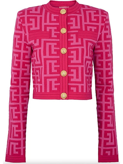 Pink Monogram Cropped Jacquard-Knit Cardigan - Branna Couture