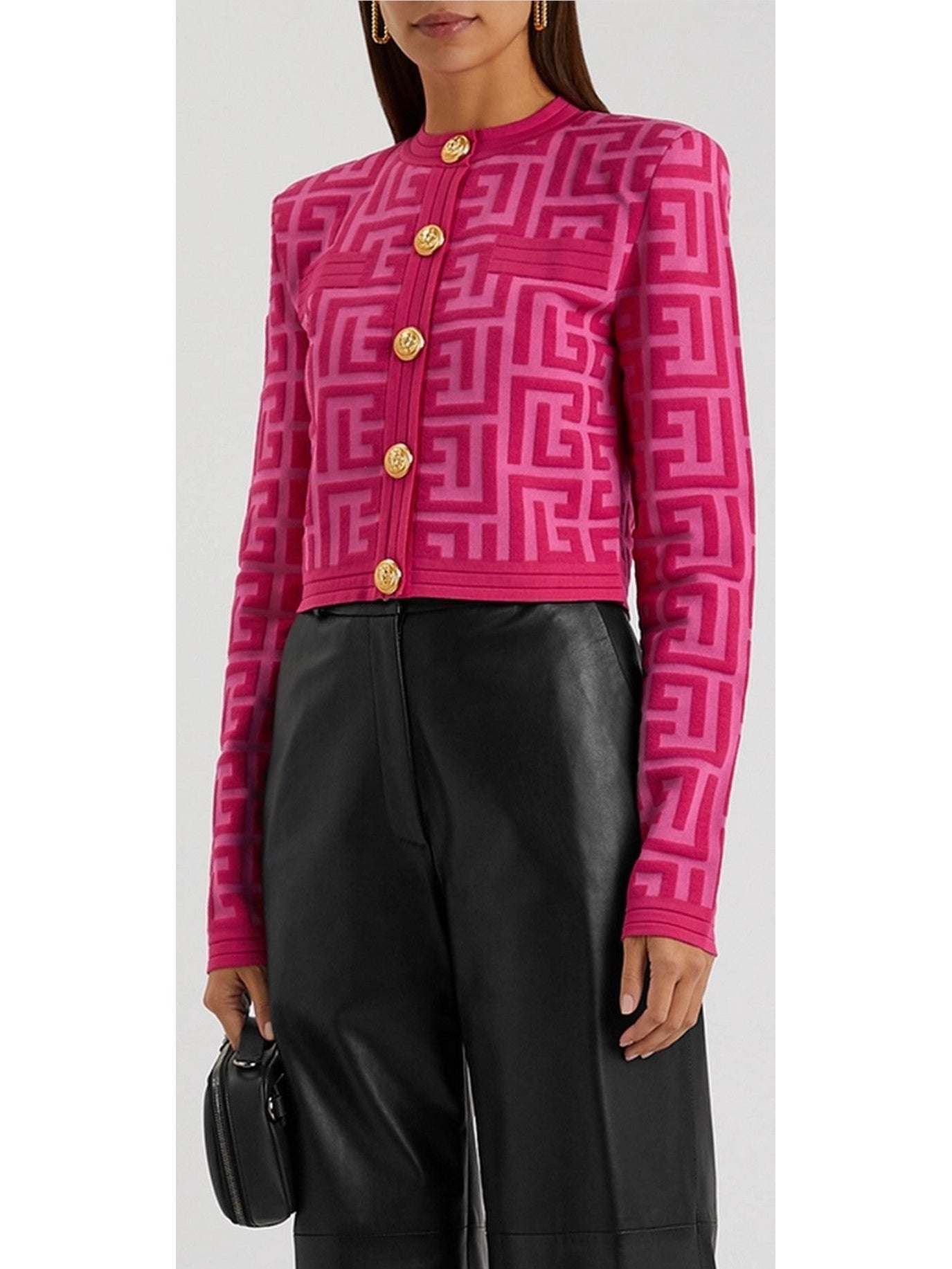 Pink Monogram Cropped Jacquard-Knit Cardigan - Branna Couture