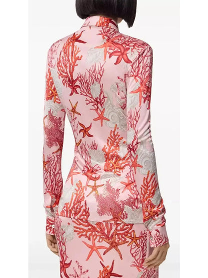 Pink and Red Sea Printed Fitted Shirt - Branna Couture