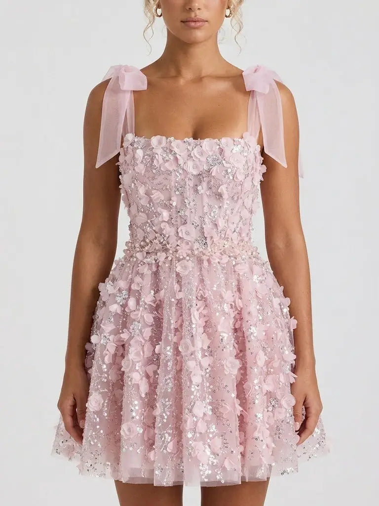 Pink 3D Floral Appliqué Beaded Tulle Dress - XS - Dresses