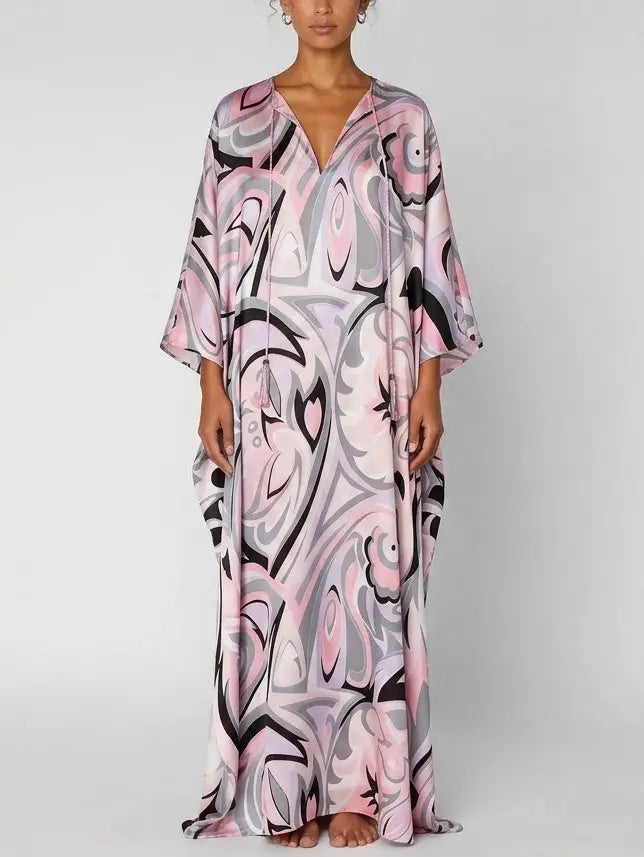 Pink Abstract Print Silk Kaftan Maxi Dress - s - Dresses